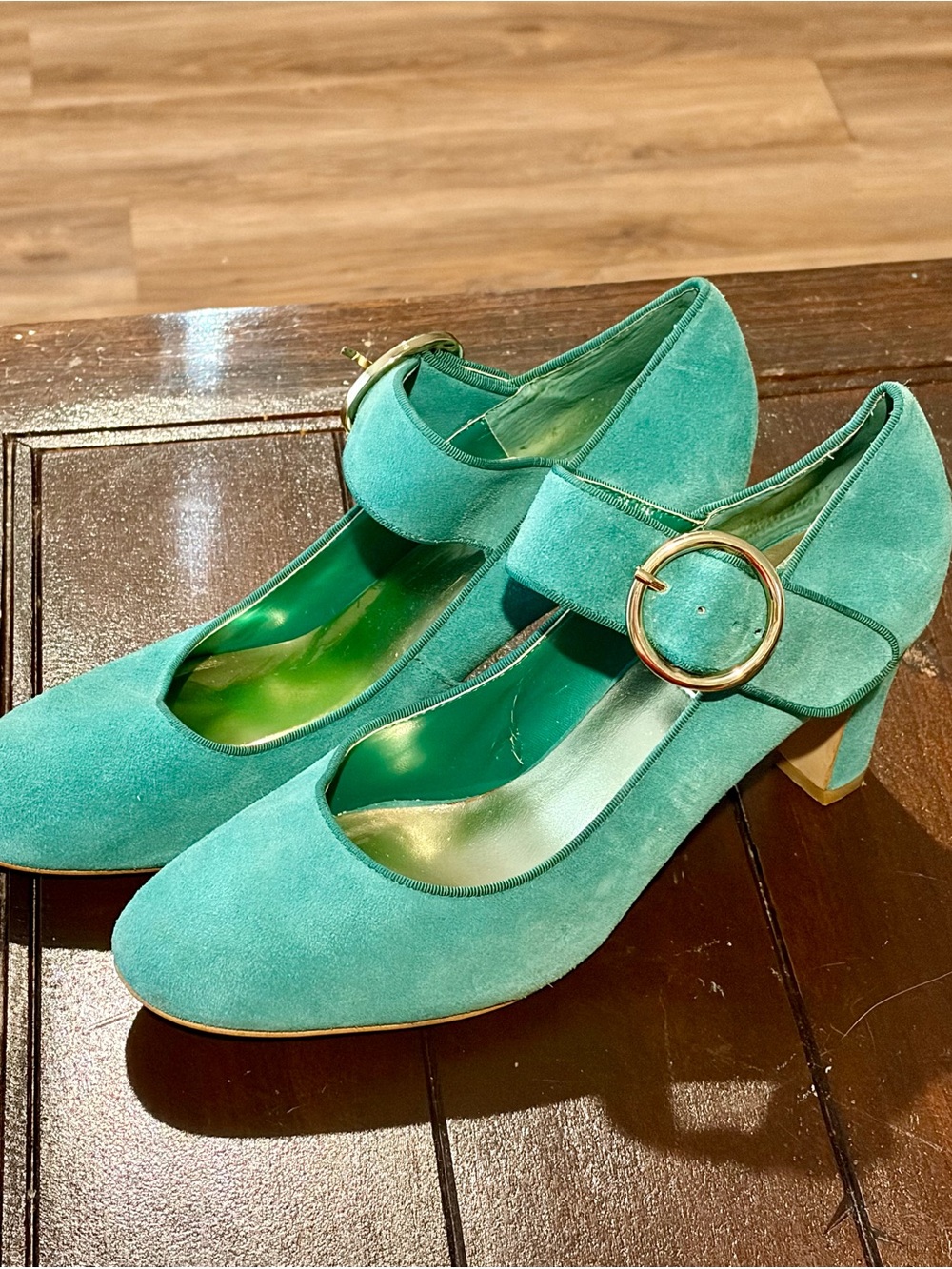 Hot in Hollywood Teal Suede Leather Mary Jane Heels Size 10 3” Heel Gold Buckle